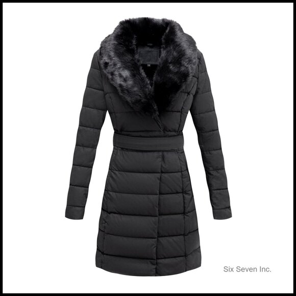 Women's Winter Puffer Jacket with Removable Fur Collar Hooded Belted Coat